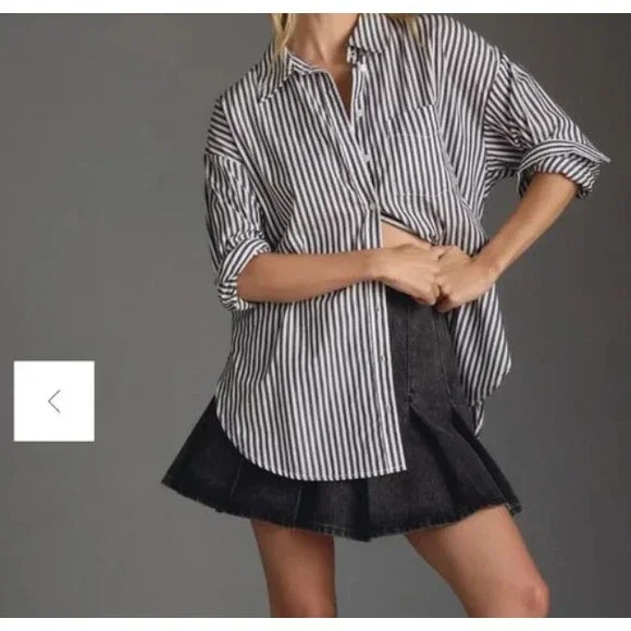 Maeve Anthropologie Shirt Womens L Striped Oversized Button Up Long Sleeve Green - Picture 2 of 6